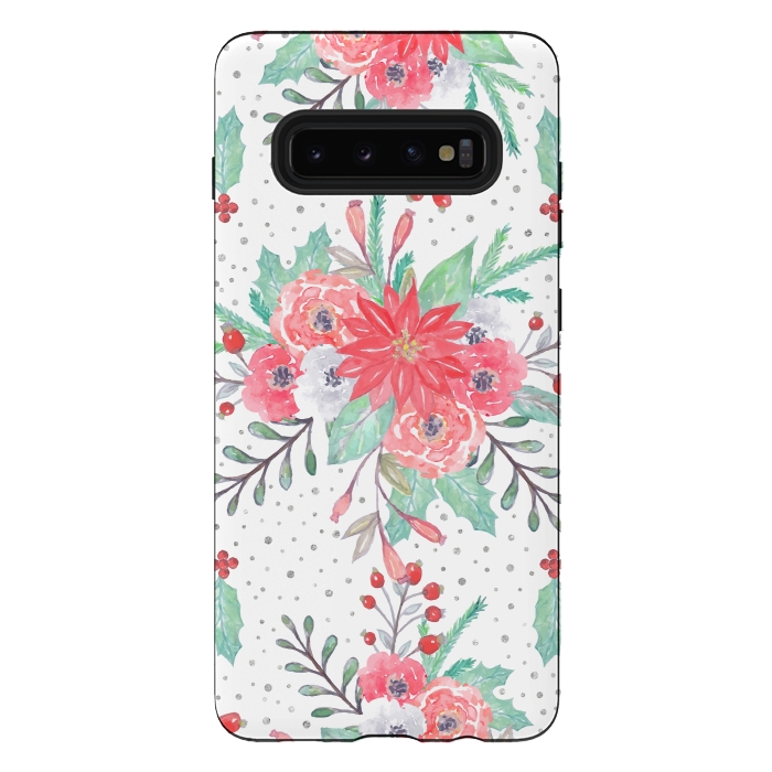 Galaxy S10 plus StrongFit Pretty watercolor Christmas floral and dots design by InovArts