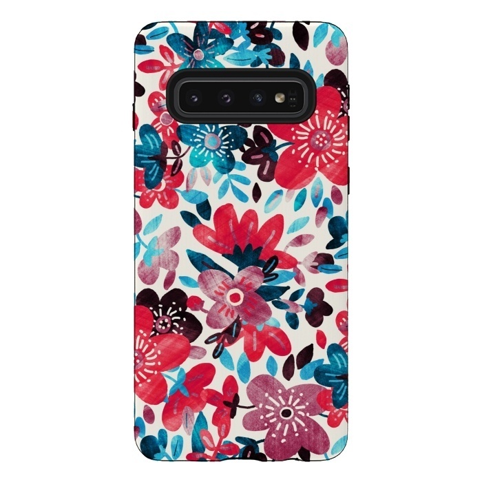 Galaxy S10 StrongFit Happy Red & Blue Floral Collage  by Micklyn Le Feuvre