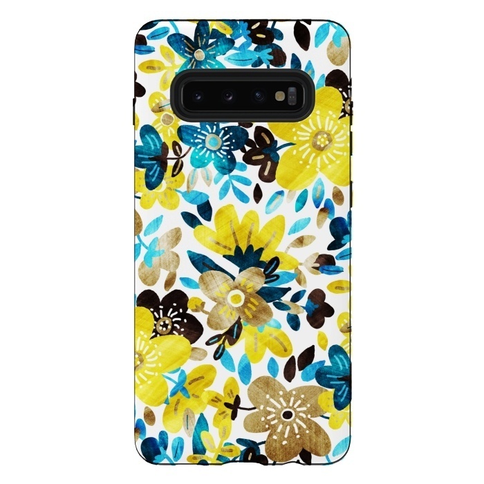 Galaxy S10 plus StrongFit Happy Yellow & Turquoise Floral Collage by Micklyn Le Feuvre