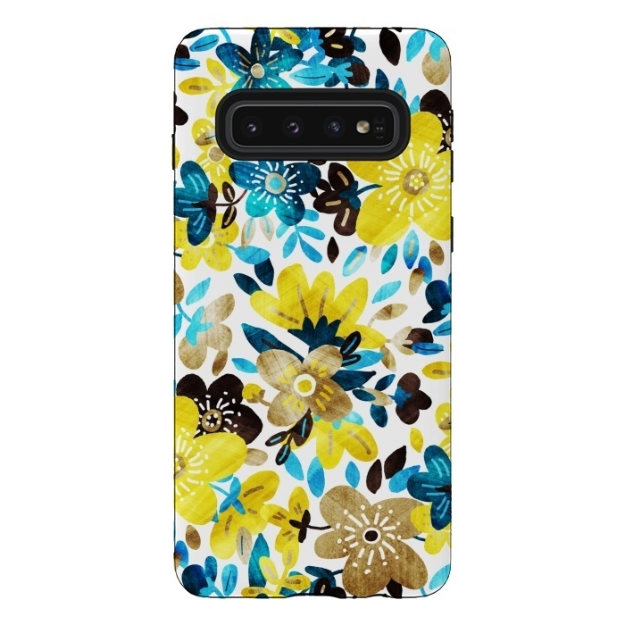Galaxy S10 StrongFit Happy Yellow & Turquoise Floral Collage by Micklyn Le Feuvre