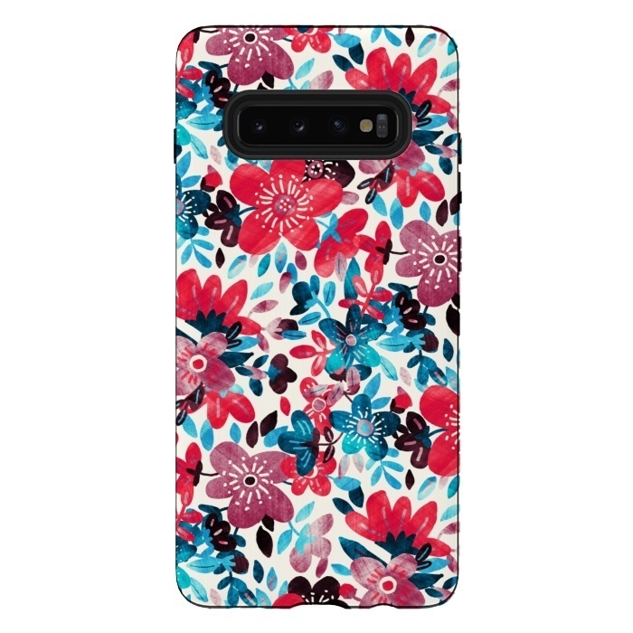 Galaxy S10 plus StrongFit Cheerful Red and Blue Floral Pattern by Micklyn Le Feuvre