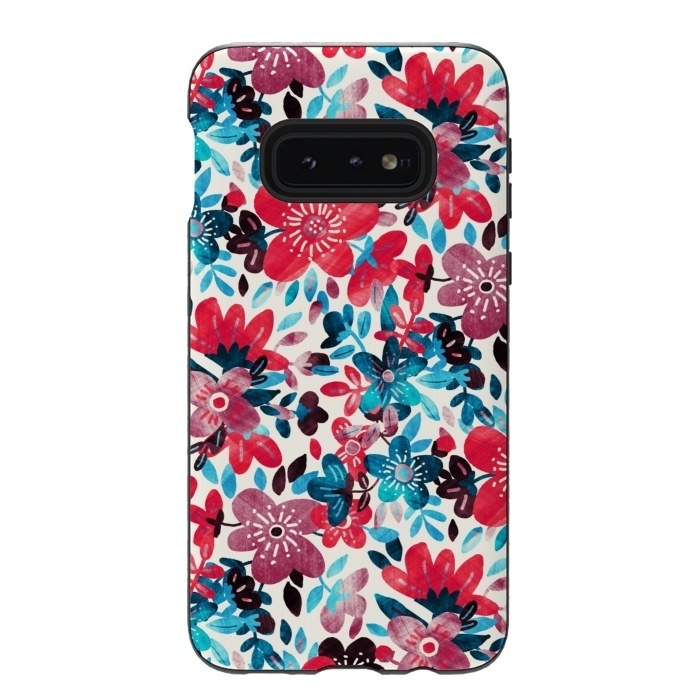 Galaxy S10e StrongFit Cheerful Red and Blue Floral Pattern by Micklyn Le Feuvre