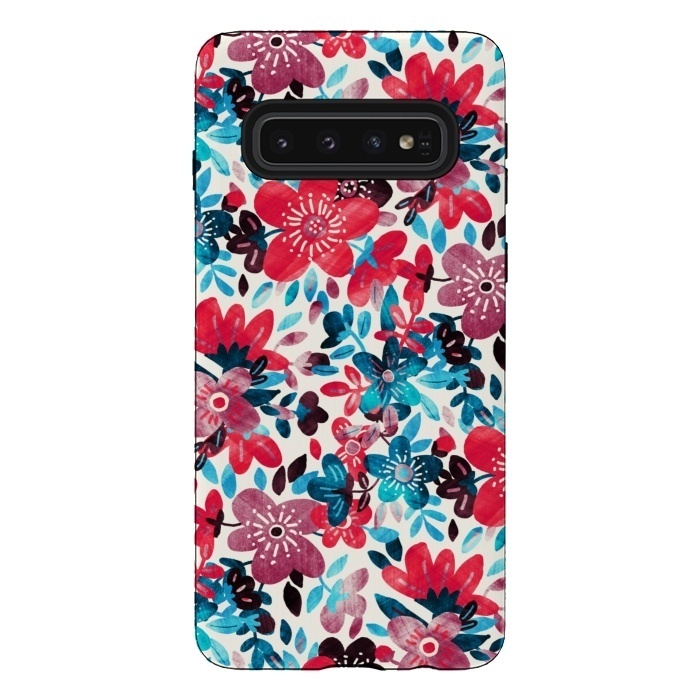Galaxy S10 StrongFit Cheerful Red and Blue Floral Pattern by Micklyn Le Feuvre