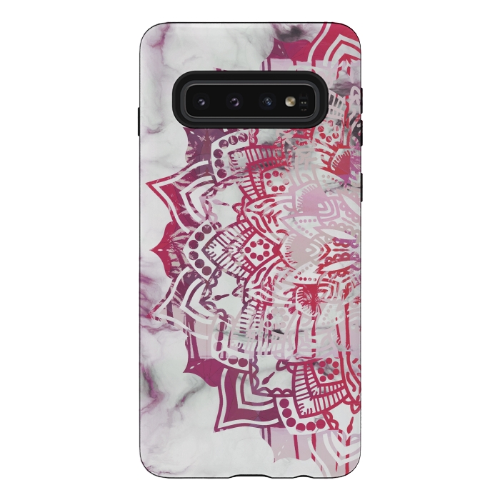 Galaxy S10 StrongFit Red pink mandala digital painting on white marble by Oana 
