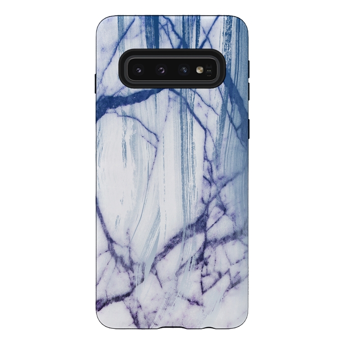 Galaxy S10 StrongFit White marble with blue cracks brushstrokes by Oana 
