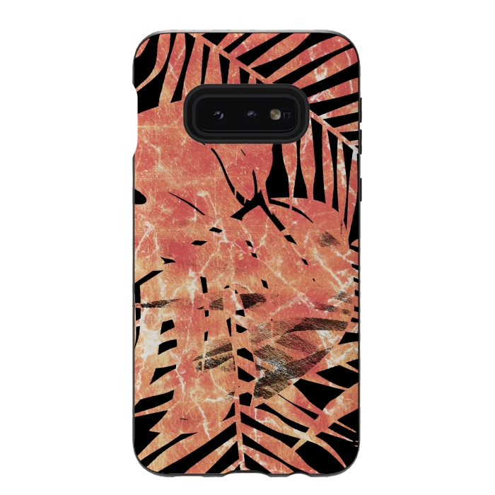 Galaxy S10e StrongFit Golden palm and ficus tropical marble leaves on black background by Oana 