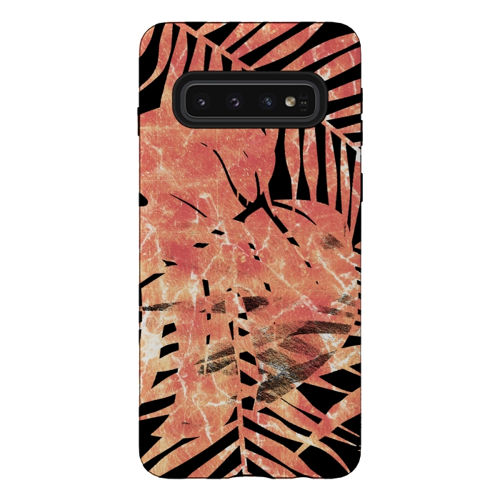 Galaxy S10 StrongFit Golden palm and ficus tropical marble leaves on black background by Oana 