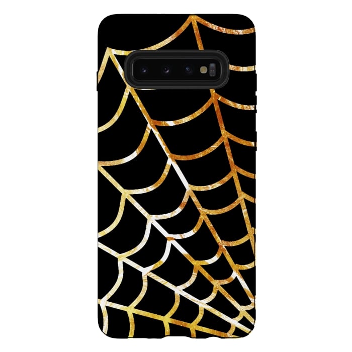 Galaxy S10 plus StrongFit Golden spider web on black - line art Halloween illustration by Oana 