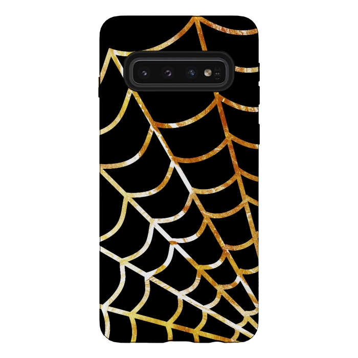 Galaxy S10 StrongFit Golden spider web on black - line art Halloween illustration by Oana 