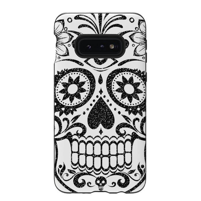 Galaxy S10e StrongFit Black glitter decorated floral sugar skull - Halloween by Oana 