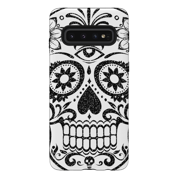 Galaxy S10 StrongFit Black glitter decorated floral sugar skull - Halloween by Oana 