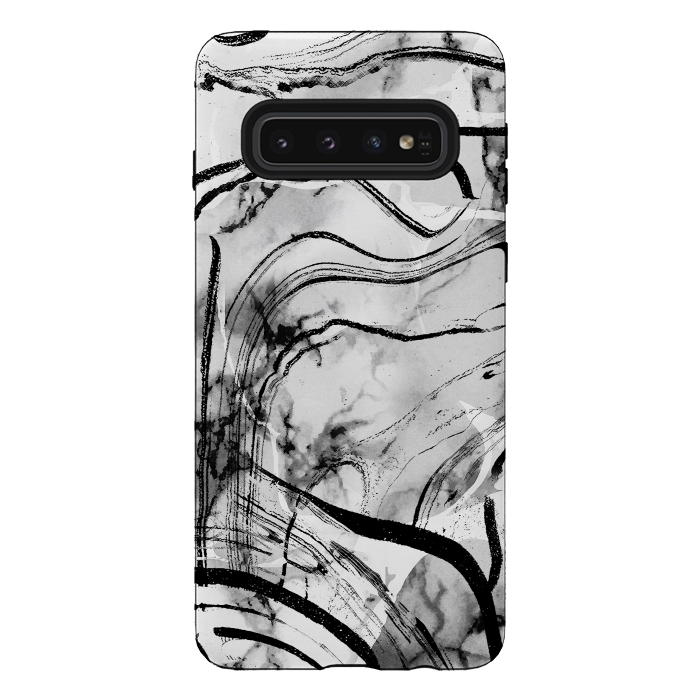 Galaxy S10 StrongFit Minimal white gray marble with black ink brushstroke stripes by Oana 