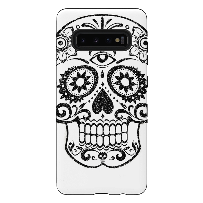 Galaxy S10 plus StrongFit Day of the Dead floral black glitter sugar skull by Oana 