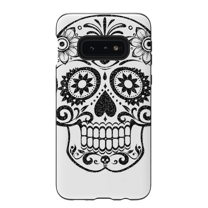 Galaxy S10e StrongFit Day of the Dead floral black glitter sugar skull by Oana 