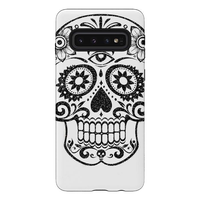 Galaxy S10 StrongFit Day of the Dead floral black glitter sugar skull by Oana 