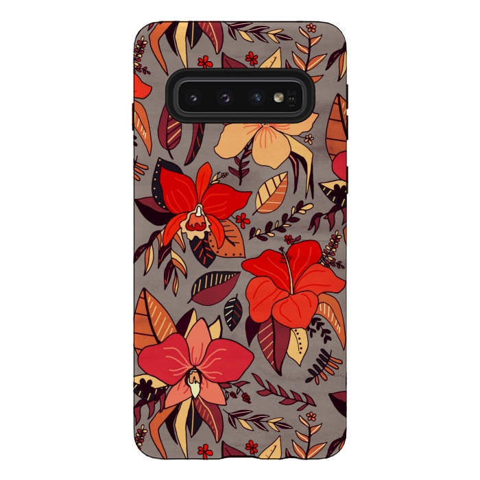 Galaxy S10 StrongFit Red Tropical Floral by Tigatiga
