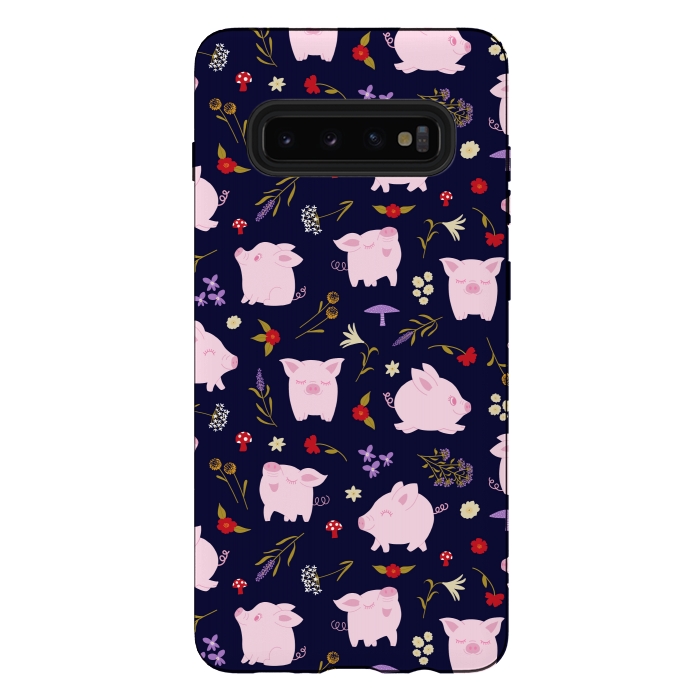 Galaxy S10 plus StrongFit Cute Pigs Dancing Around Floral Motif by Portia Monberg
