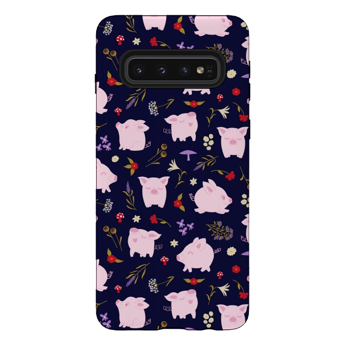 Galaxy S10 StrongFit Cute Pigs Dancing Around Floral Motif by Portia Monberg