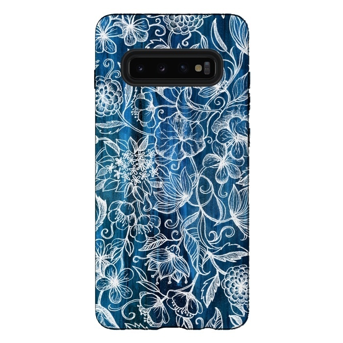 Galaxy S10 plus StrongFit In Her Garden - white floral drawing on blue by Micklyn Le Feuvre