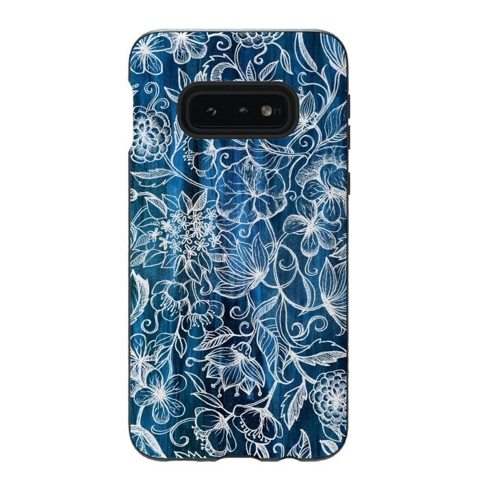 Galaxy S10e StrongFit In Her Garden - white floral drawing on blue by Micklyn Le Feuvre
