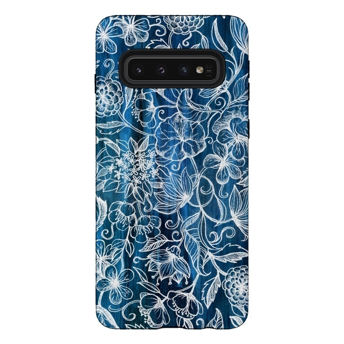 Galaxy S10 StrongFit In Her Garden - white floral drawing on blue by Micklyn Le Feuvre