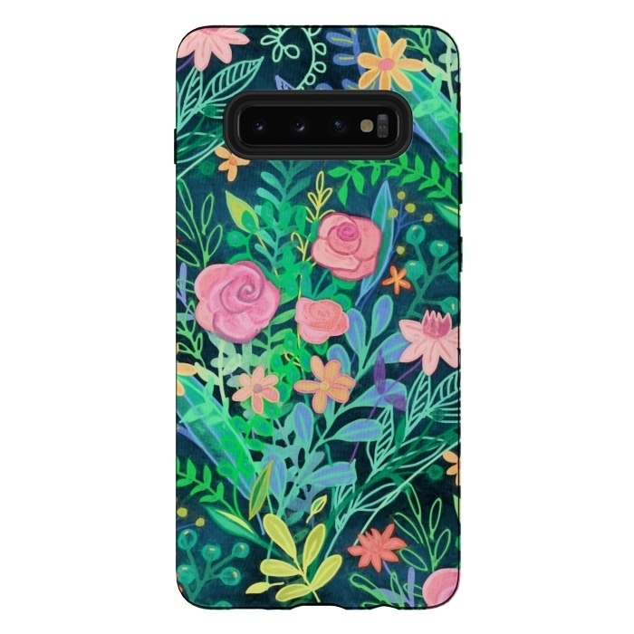 Galaxy S10 plus StrongFit Bright Floral Posie on Dark Green by Micklyn Le Feuvre