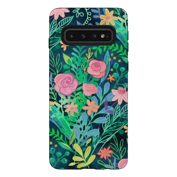 Galaxy S10 StrongFit Bright Floral Posie on Dark Green by Micklyn Le Feuvre