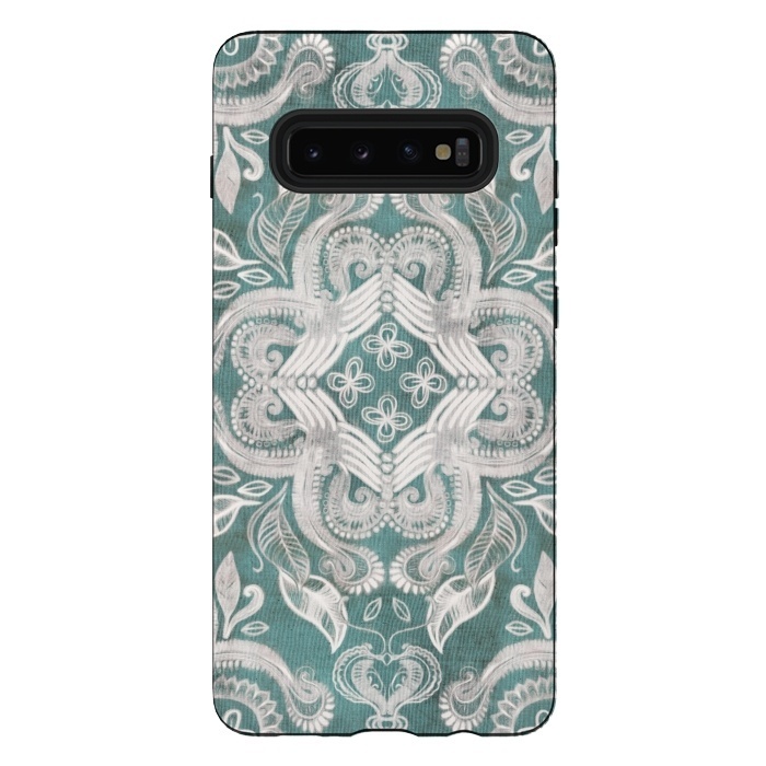 Galaxy S10 plus StrongFit Dirty Denim Boho Pattern in Teal and Grey by Micklyn Le Feuvre