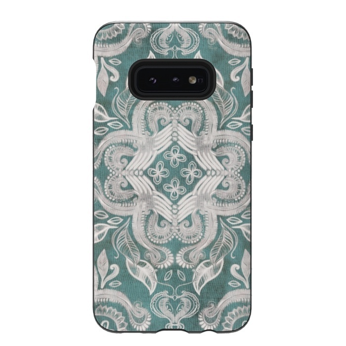 Galaxy S10e StrongFit Dirty Denim Boho Pattern in Teal and Grey by Micklyn Le Feuvre