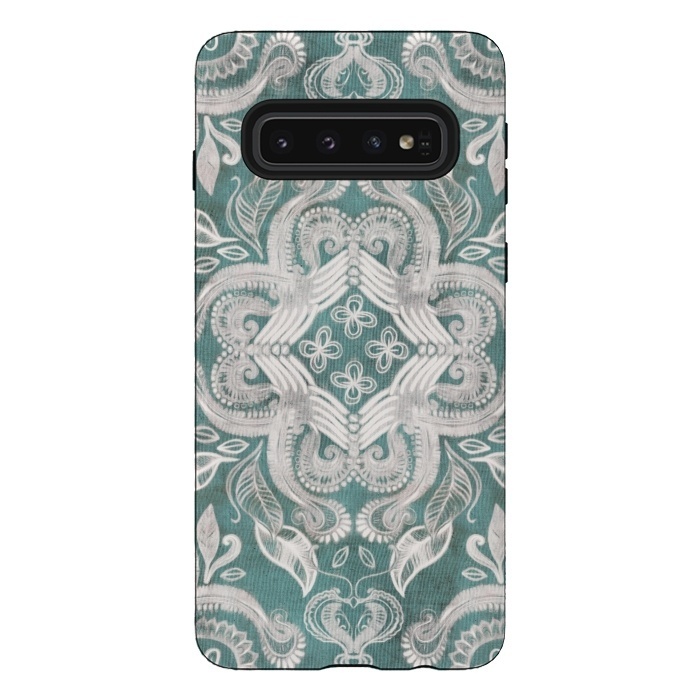 Galaxy S10 StrongFit Dirty Denim Boho Pattern in Teal and Grey by Micklyn Le Feuvre