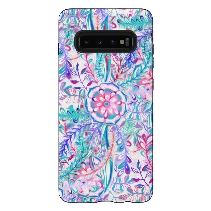 Galaxy S10 plus StrongFit Boho Flower Burst in Pink and Blue by Micklyn Le Feuvre