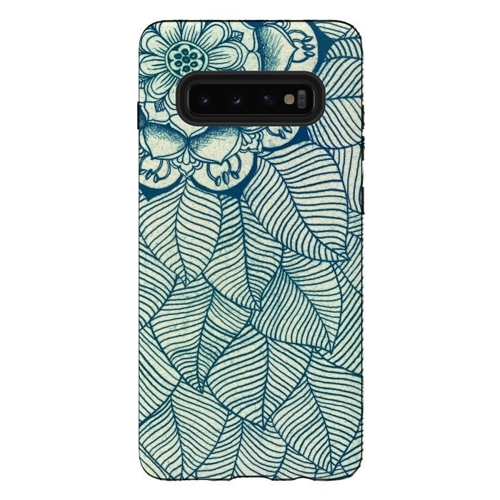 Galaxy S10 plus StrongFit Emerald Green, Navy & Cream Floral & Leaf doodle by Micklyn Le Feuvre