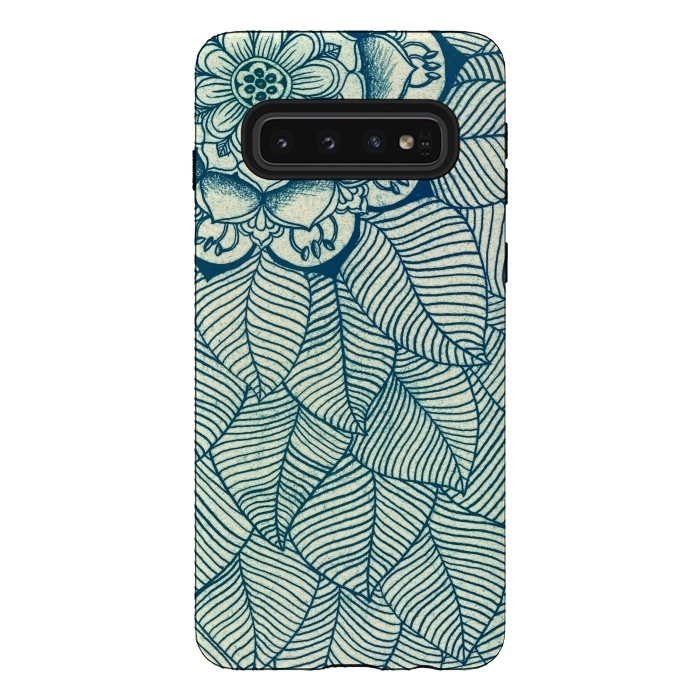 Galaxy S10 StrongFit Emerald Green, Navy & Cream Floral & Leaf doodle by Micklyn Le Feuvre