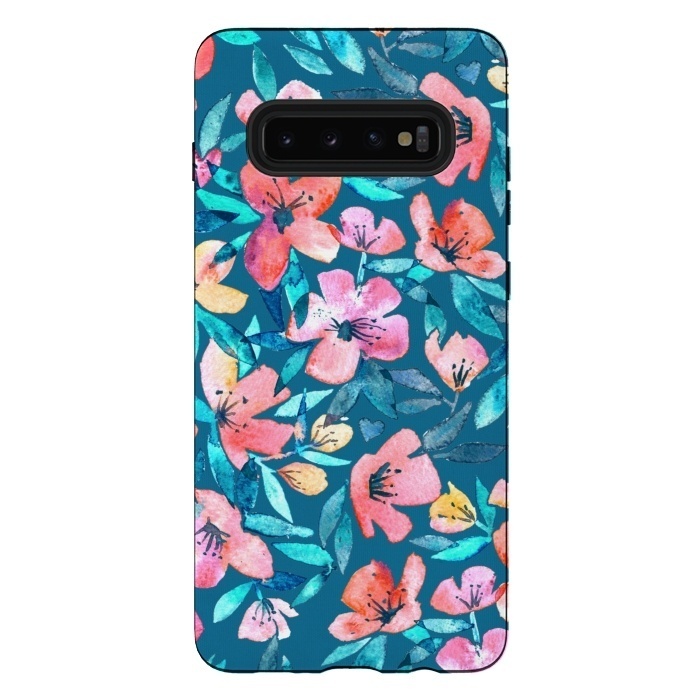 Galaxy S10 plus StrongFit Fresh Watercolor Floral on Teal Blue by Micklyn Le Feuvre