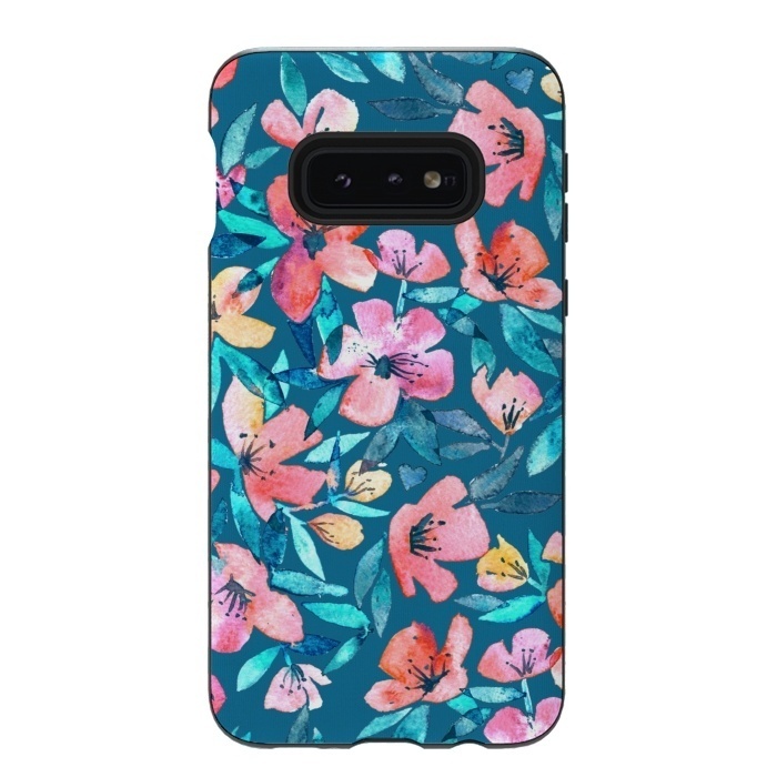 Galaxy S10e StrongFit Fresh Watercolor Floral on Teal Blue by Micklyn Le Feuvre