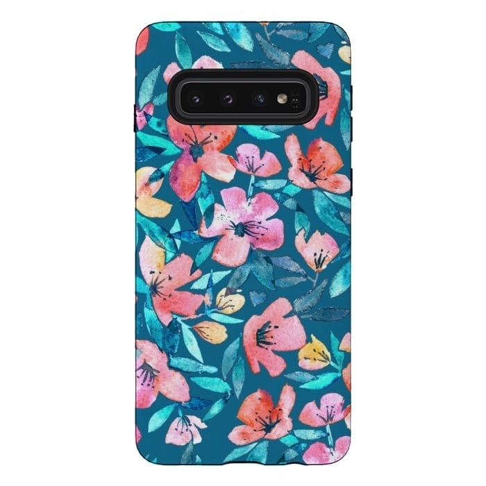 Galaxy S10 StrongFit Fresh Watercolor Floral on Teal Blue by Micklyn Le Feuvre