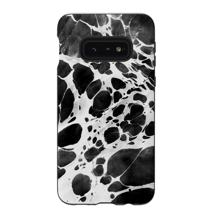 Galaxy S10e StrongFit Dark marble with white bubble ink lines by Oana 