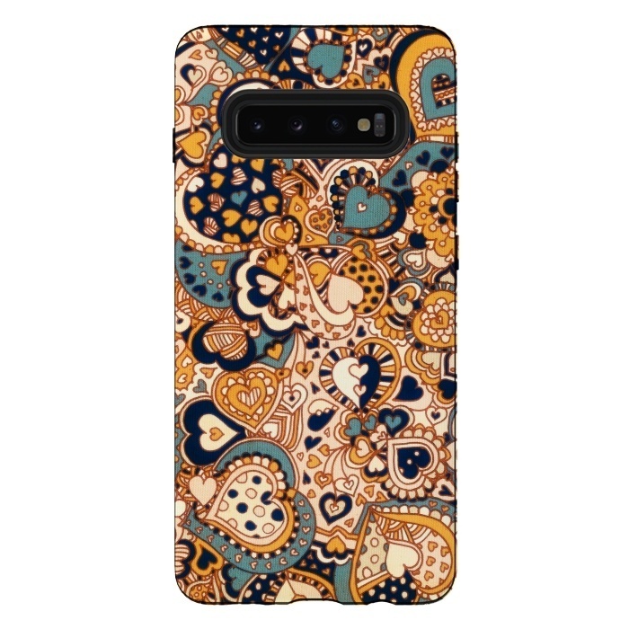 Galaxy S10 plus StrongFit Heart Doodles in Mustard and Teal by Micklyn Le Feuvre