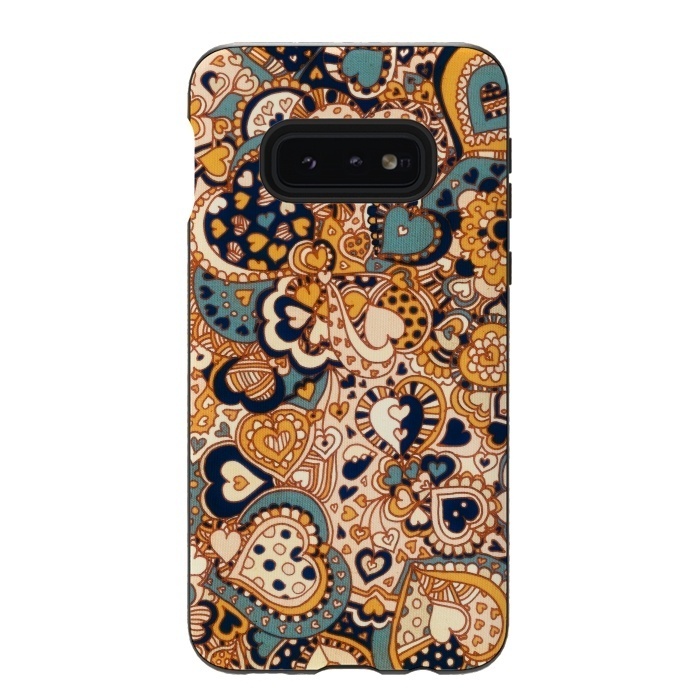 Galaxy S10e StrongFit Heart Doodles in Mustard and Teal by Micklyn Le Feuvre