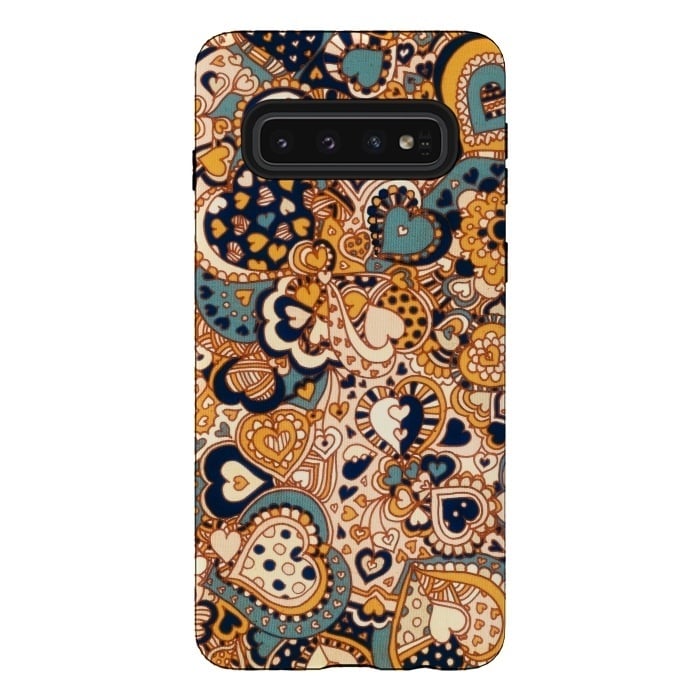 Galaxy S10 StrongFit Heart Doodles in Mustard and Teal by Micklyn Le Feuvre