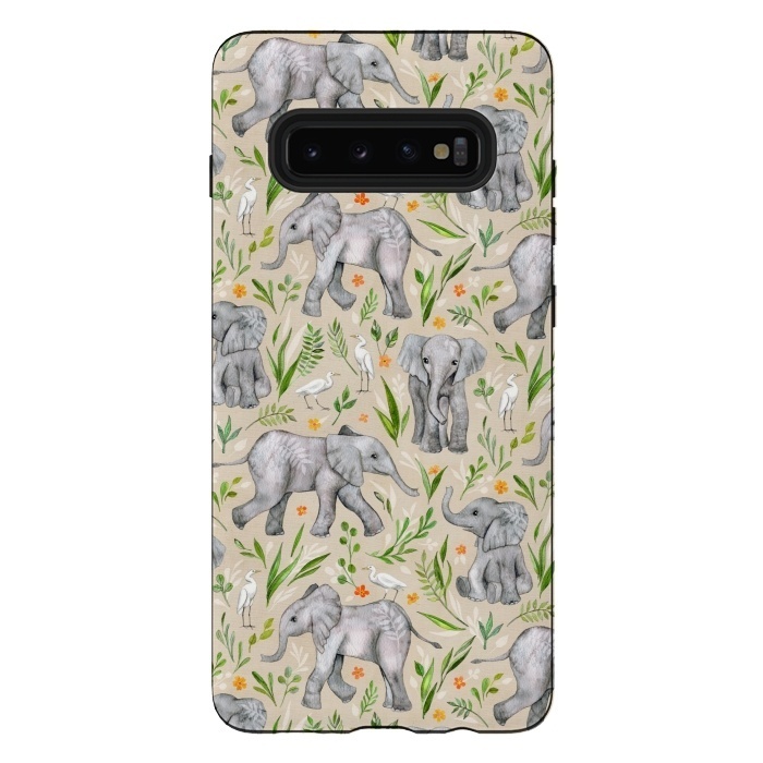 Galaxy S10 plus StrongFit Little Watercolor Elephants and Egrets on Neutral Cream by Micklyn Le Feuvre