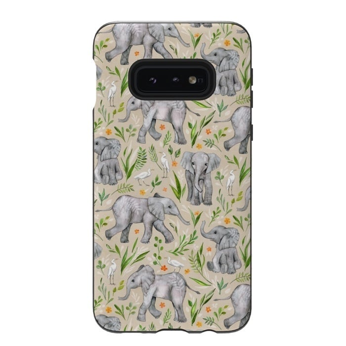 Galaxy S10e StrongFit Little Watercolor Elephants and Egrets on Neutral Cream by Micklyn Le Feuvre