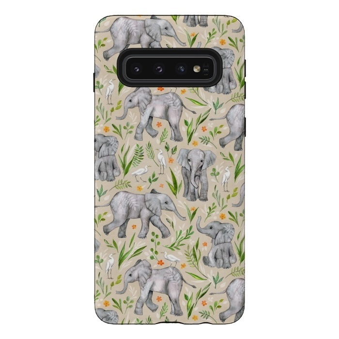 Galaxy S10 StrongFit Little Watercolor Elephants and Egrets on Neutral Cream by Micklyn Le Feuvre