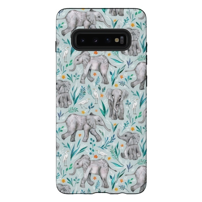 Galaxy S10 plus StrongFit Little Watercolor Elephants and Egrets on Light Blue by Micklyn Le Feuvre