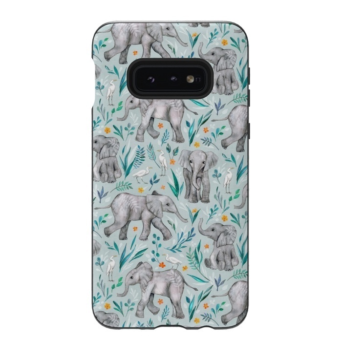 Galaxy S10e StrongFit Little Watercolor Elephants and Egrets on Light Blue by Micklyn Le Feuvre