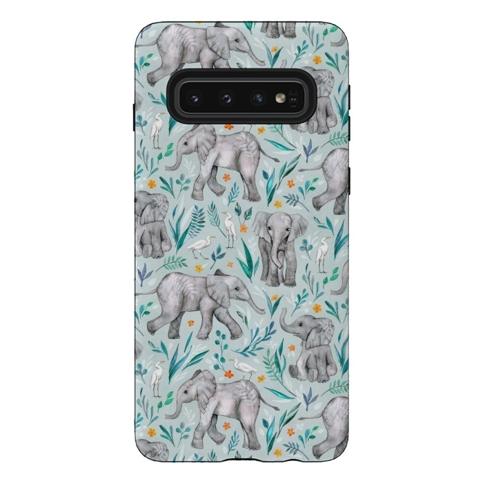 Galaxy S10 StrongFit Little Watercolor Elephants and Egrets on Light Blue by Micklyn Le Feuvre
