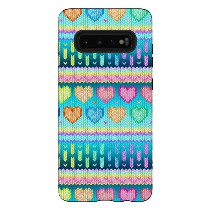 Galaxy S10 plus StrongFit Cozy Knit with Rainbow Hearts on Teal Blue by Micklyn Le Feuvre