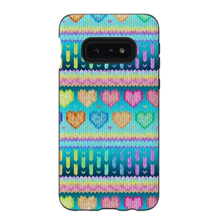 Galaxy S10e StrongFit Cozy Knit with Rainbow Hearts on Teal Blue by Micklyn Le Feuvre