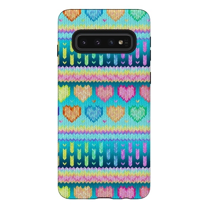 Galaxy S10 StrongFit Cozy Knit with Rainbow Hearts on Teal Blue by Micklyn Le Feuvre