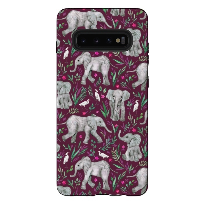 Galaxy S10 plus StrongFit Little Watercolor Elephants and Egrets on Burgundy Red by Micklyn Le Feuvre